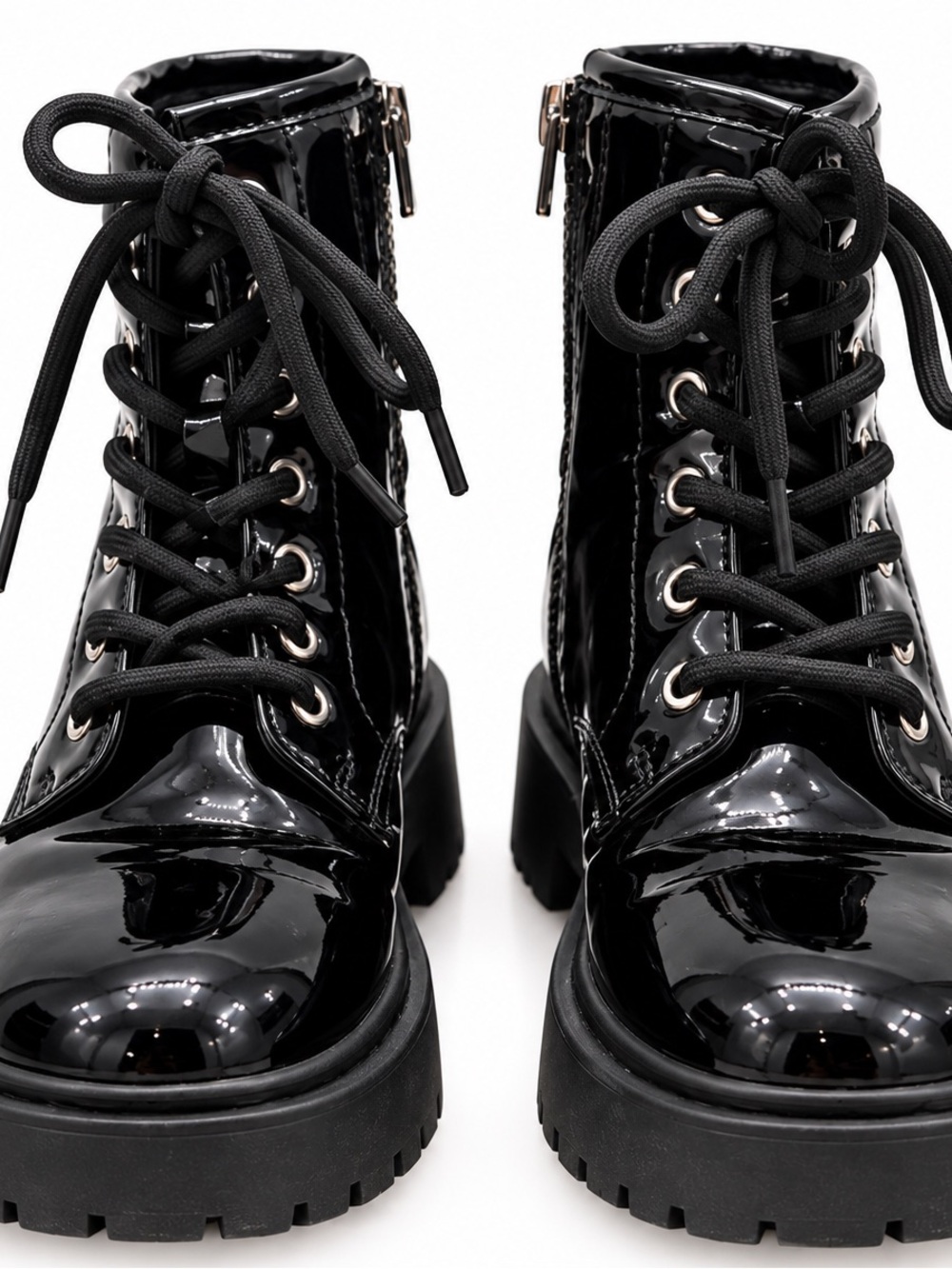Kids Black Patent Lace-Up Chunky Boots